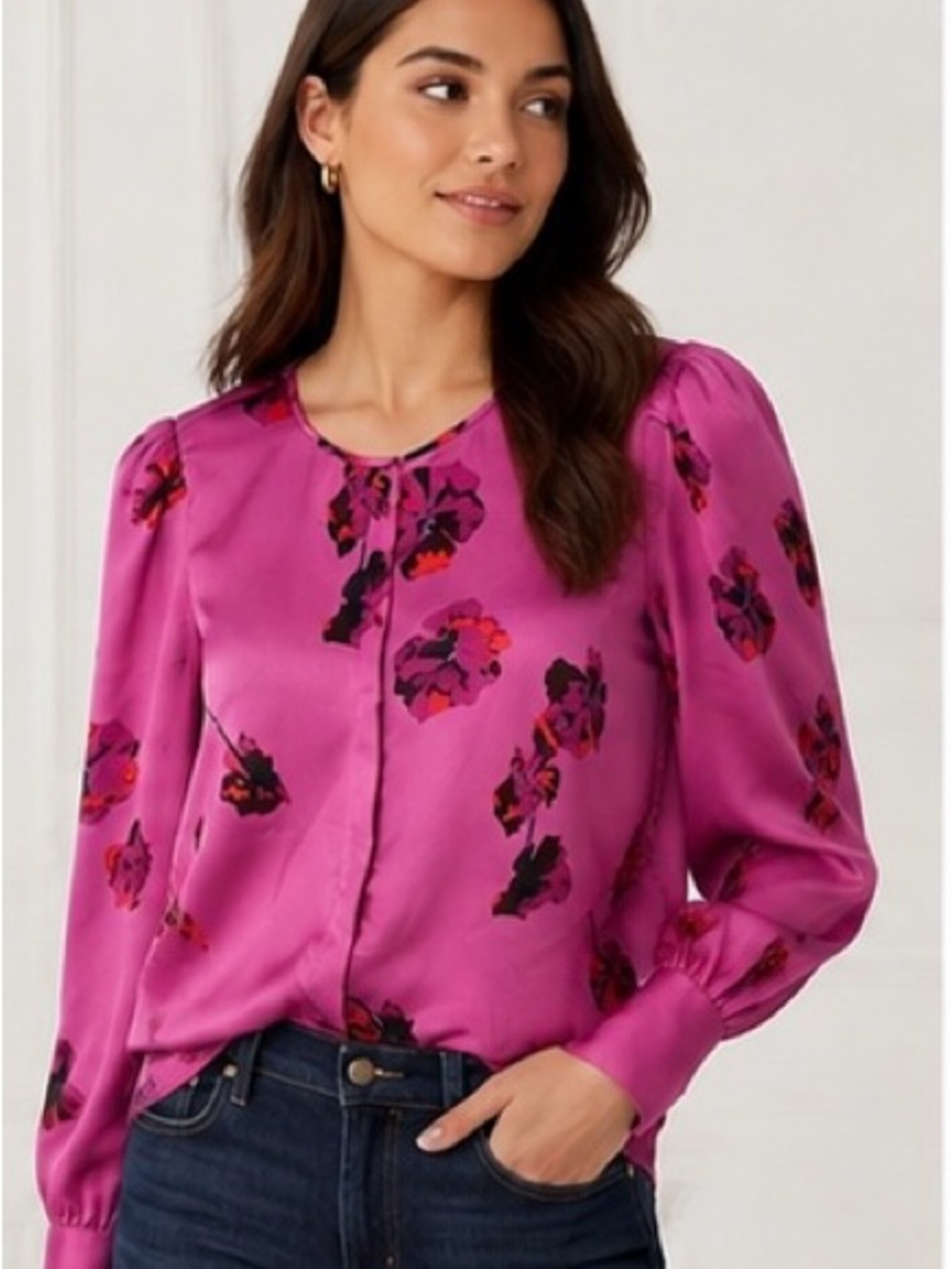 Joie Magenta Floral Satin Button-Front Blouse